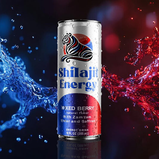 Shilajit Energy Mixed Berry energy drink can with water splashes on a dark background